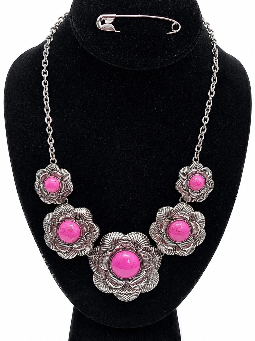 Silver Tone Floral Statement Necklace Pink Turquoise-Look Stones 12.5"